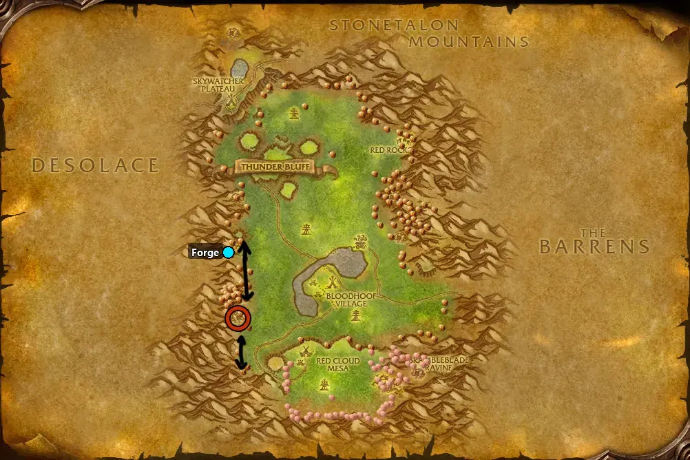 Mining route in Mulgore with the forge and anvil at the Bael'dun Digsite