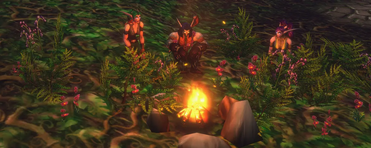 Three night elves sitting at a campfire in Dolanaar, Teldrassil, in WoW Forever