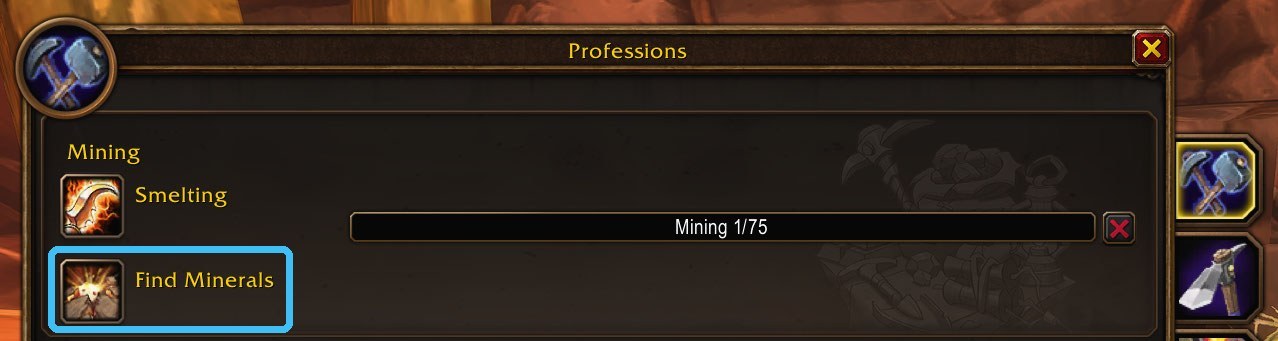 The Find Minerals button in the WoW Forever Professions window