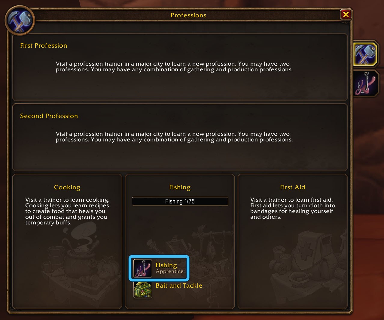 The Fishing button in the WoW Forever Professions window