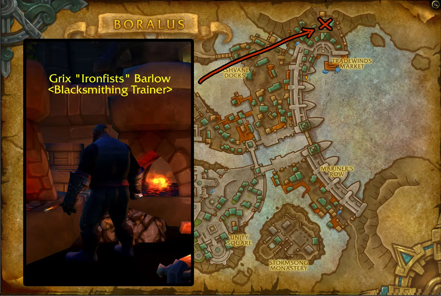 Grix "Ironfists" Barlow, the Alliance Blacksmithing trainer in Boralus