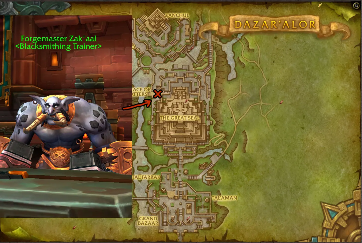 Forgemaster Zak'aal, the Horde Blacksmithing trainer in Dazar'alor