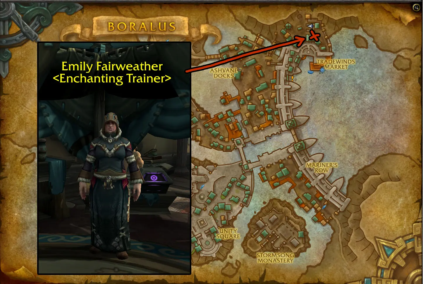 Emily Fairweather, the Alliance Enchanting trainer in Boralus