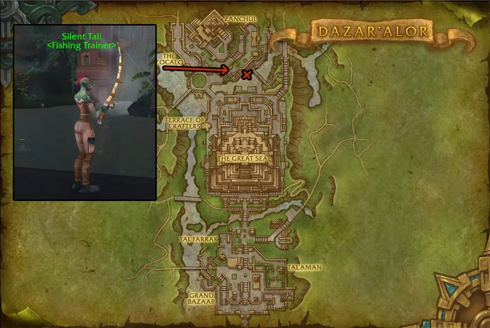 Silent Tali, the Horde Fishing trainer in Dazar'alor