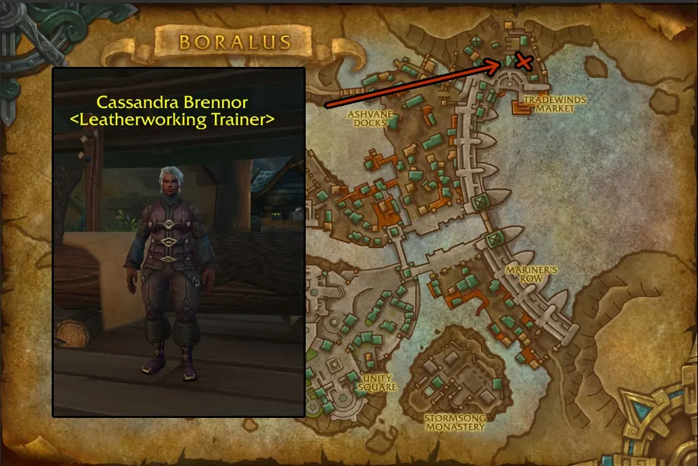 Cassandra Brennor, the Alliance Leatherworking trainer in Boralus