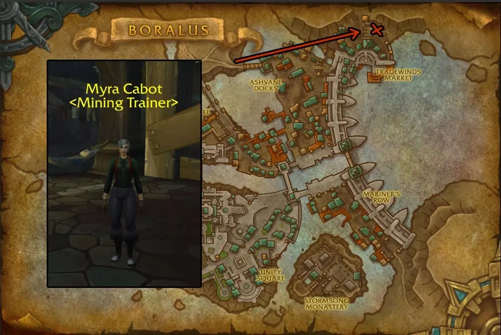 Myra Cabot, the Alliance Mining trainer in Boralus