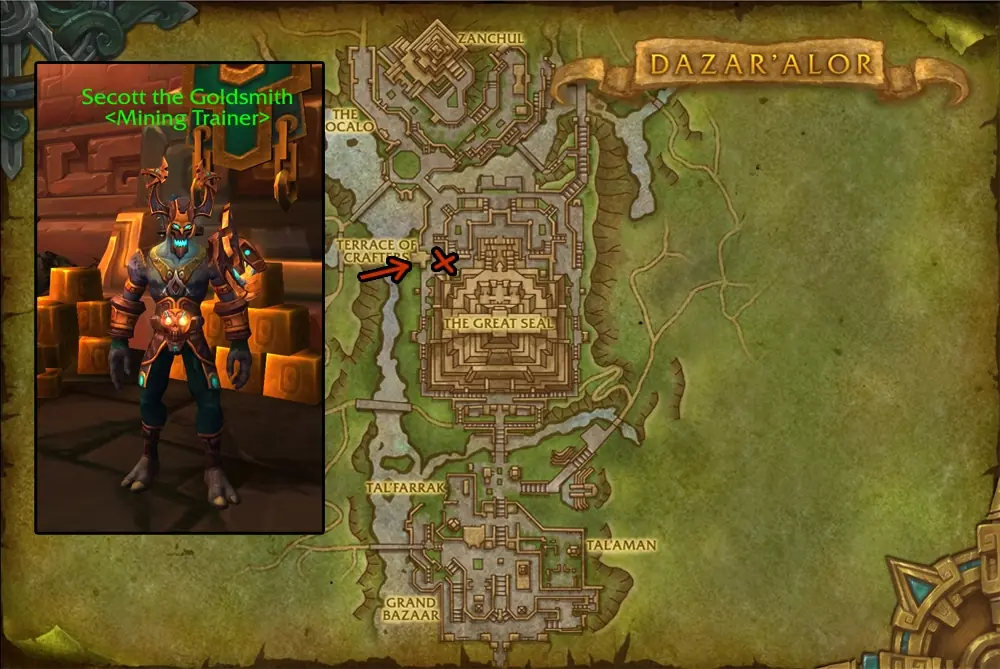 Secott the Goldsmith, the Horde Mining trainer in Dazar'alor