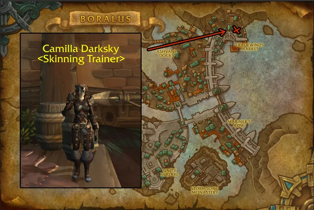 Camilla Darksky, the Alliance Skinning trainer in Boralus
