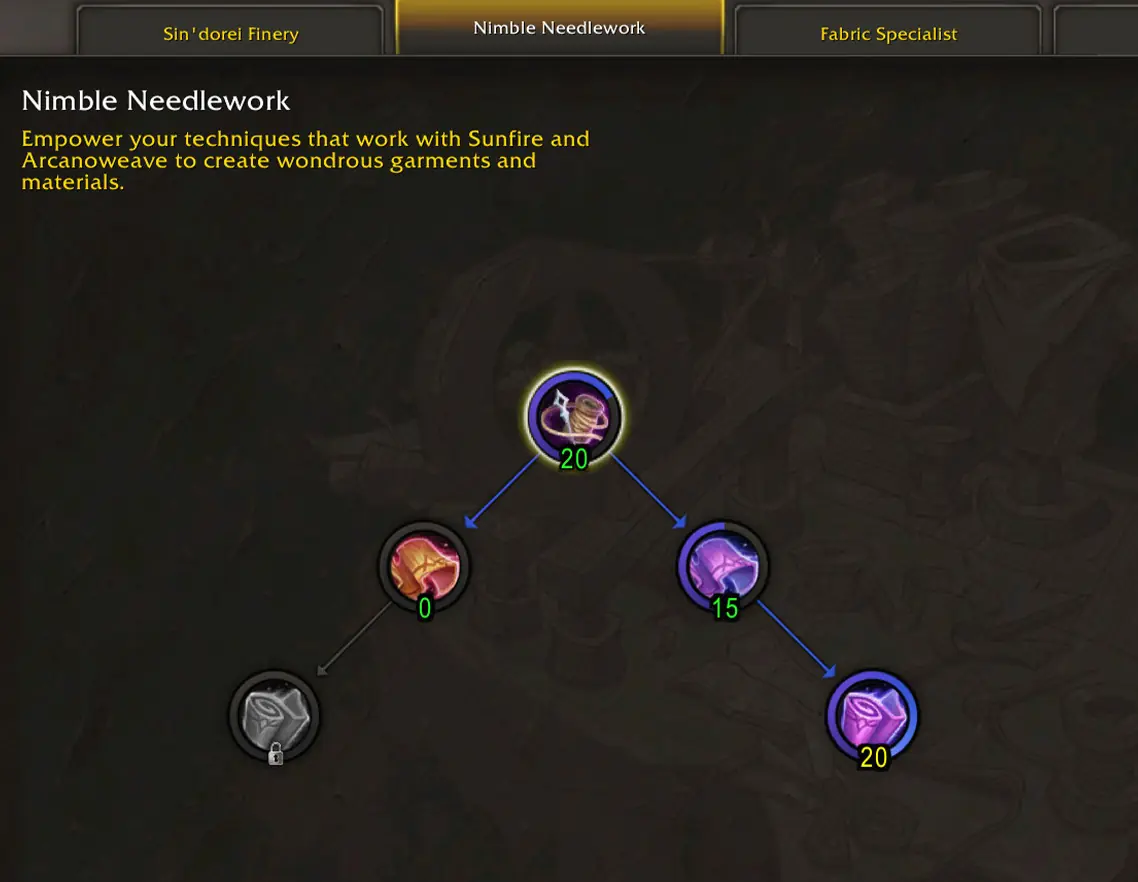 Tailoring Nimble Needlework CD reduction and recipe unlocks