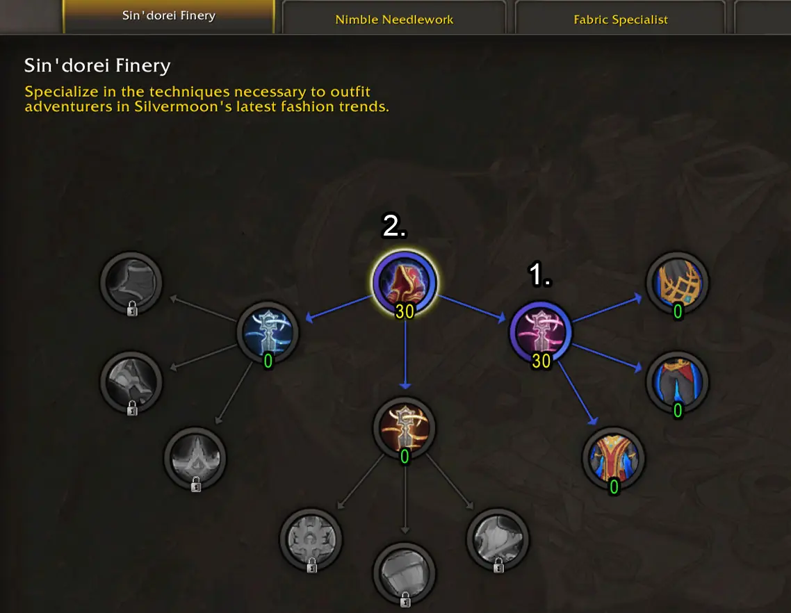 Tailoring Sin'dorei Finery armor crafting more recipes and skill